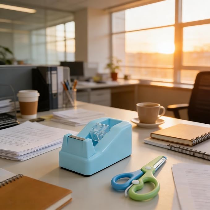 Desktop Tape Dispenser Kits with Weighted Nonskid Base Tape Dispenser- Includes 9 Rolls of Transparent Tape(0.71 Inch x 500 inches Each) & Blue Scissors, 2 Pcs Tweezers (Lake Blue)