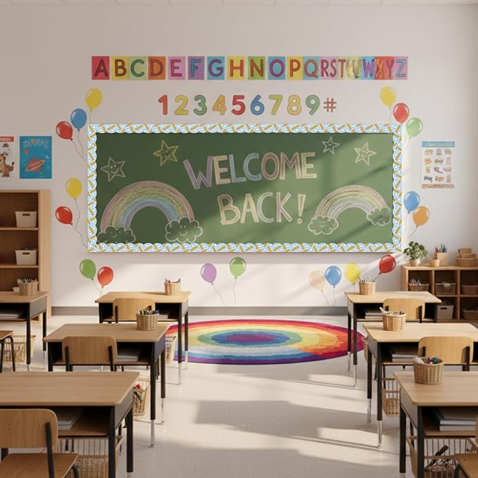 32.8 Ft Pencil Bulletin Borders Classroom Scalloped Trim Decor | Blue Pencil Stars Design for Teachers, Scalloped Edge Bulletin Board Trim, Back to School Classroom Decor Supplies