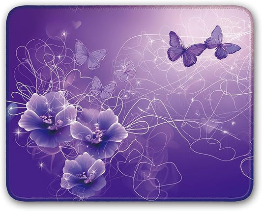 Purple Butterflies and Flower Pattern, Aesthetic Mouse Pad Small Cool Gaming Computer Mouse Pad, 26x21cm