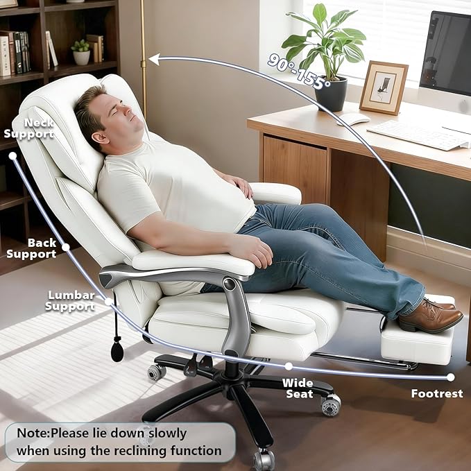 600lbs Big and Tall Office Chair for Heavy People,Heavy Duty Comfy Executive Office Desk Chair with Adjustable Lumbar Support,High Back Reclining PU Leather Computer Chair (Classic, White)