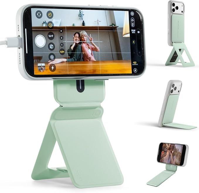 MOFT Phone Stand, Magnetic Phone Tripod Stand Stain-Resistant MOVAS Leather & Angle Adjustment & Strong Magnets Tripod for iPhone 17/16/15/14/13/12 (Included Metal Ring)-Peppermint
