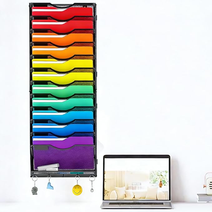 Gawerk Hanging Wall File Organizer, 12+1 Tier | 5 Hooks, Wall Mounted, Sturdy Mesh, For Office Home