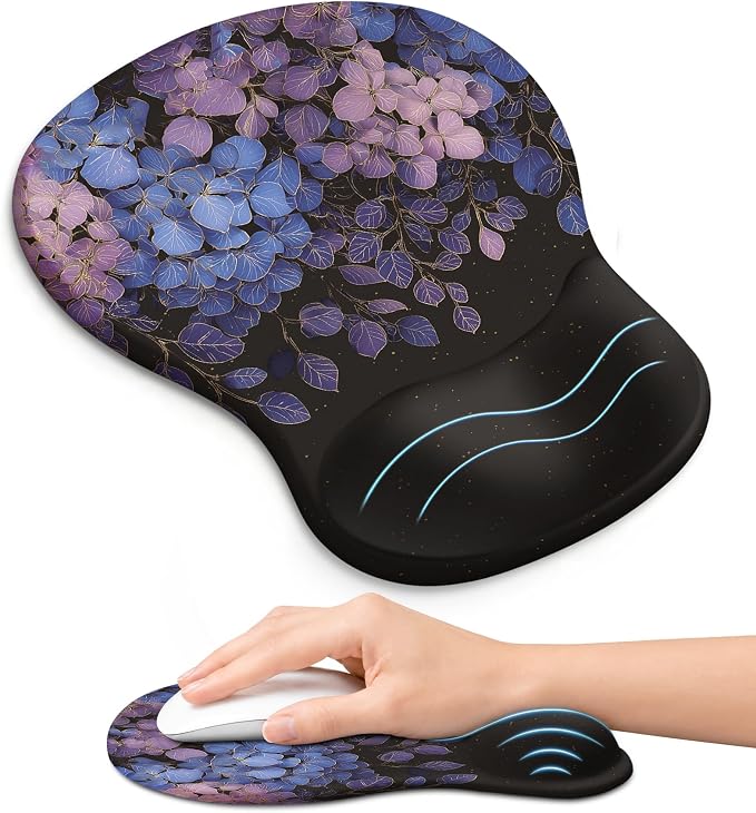 Ergonomic Mouse Pad with Wrist Rest, Gel Wrist Support, Hydrangea | 10.2 x 7.6 in Mouse Pad with Smooth Fabric Surface and Non-Slip Rubber Base for Office, Home, Study, and Gaming