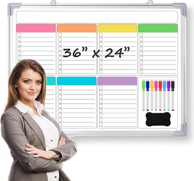 36" x 24" Magnetic to Do List Whiteboard, Weekly Planner, Pleochroic | Large Weekly Dry Erase Board, Double-side Wall Whiteboard Calendar for Planning Drawing Memo, School Home Kitchen Office