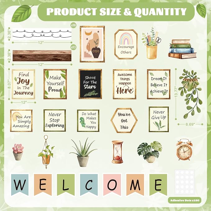 59Pcs Welcome Back to School Bulletin Board Decorations, Boho Classroom Decor, Greenery Plant Bookshelf Inspirational Affirmation Cutouts for Teacher Supplies Office Classroom Door Wall Decor
