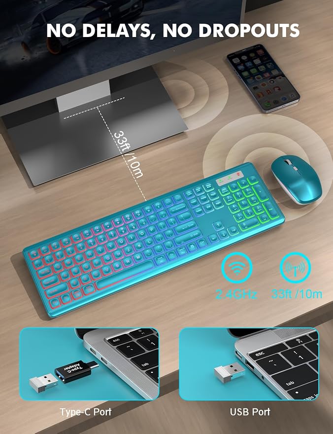 Wireless Keyboard and Mouse Combo with RGB Backlit, Rechargeable | Light Up Letters, Full-Size, Soft Typing, Sleep Mode, 2.4GHz Quiet Keyboard Set for Mac, Windows, Laptop, PC, Trueque KM42Pro