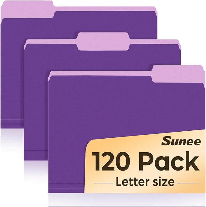 SUNEE File Folders, 120 Pack Manilla Folders 8.5 x 11, 1/3 Cut Tab for Easy Labeling and Organization, Durable Standard Paper for Home, Office, School Filing, Purple