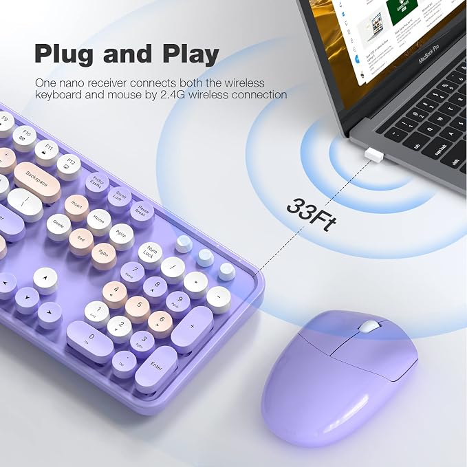 KNOWSQT Wireless Keyboard and Mouse Combo Purple - 2.4G Colorful Typewriter Less Noise Full-Size Keyboards - USB Receiver Plug and Play, for Computer, PC, Laptop, Desktop, Windows, Mac