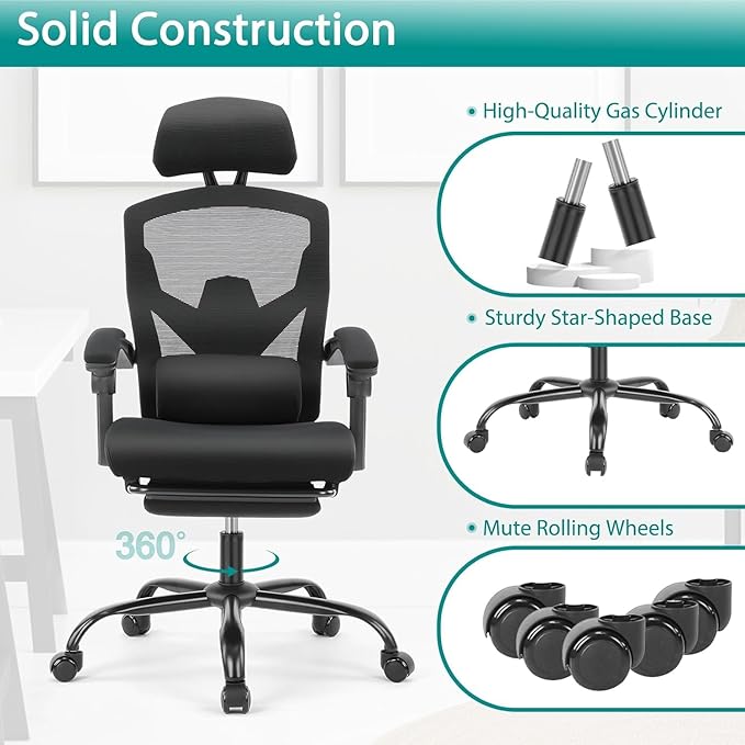DUMOS Home Office Desk Chair with Footrest, High-Back Mesh Rolling Swivel Reclining Chairs with Wheels, Comfortable Headrest, Lumbar Support, Comfy Arms for Home, Office, Gaming, Student, Inky