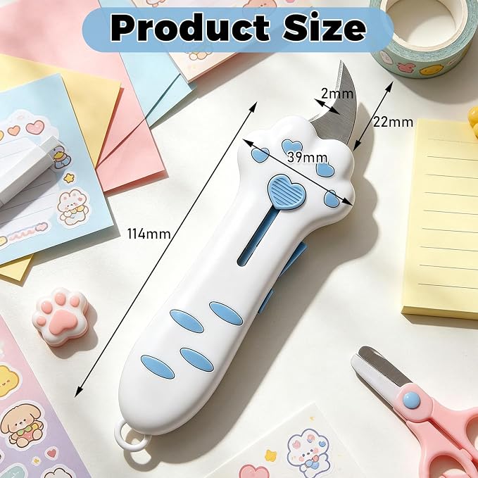 Cat Paw Retractable Box Cutter — Cute Kawaii Utility Knife | Portable Cat Claw Knife with Handle,Multifunctional Mini Utility Knife for Boxes Envelopes,Packages,Lock+One-Click Retract