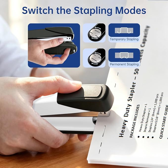 Metal Stapler Heavy Duty - 50 Sheet Capacity with 2000 Pieces 1/4", 5/16" Staples and Staple Remover, No Jam, Non-Slip, Stapler Heavy Duty for Desk, Classroom and Office, White