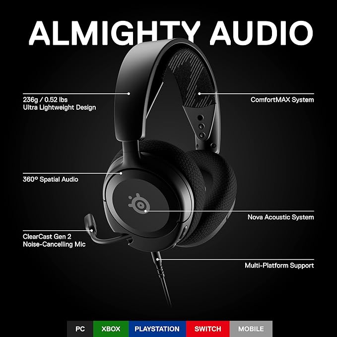 SteelSeries Arctis Nova 1 Multi-System Gaming Headset — Hi-Fi Drivers — 360° Spatial Audio — Comfort Design — Durable — Ultra Lightweight — Noise-Cancelling Mic — PC, PS5/PS4, Switch, Xbox - Black