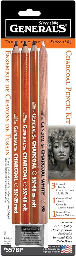 GENERAL'S Charcoal Pencil Set (557BP), 3 Black Charcoal (2B, 4B, 6B),1 White Pencil, Kneaded Eraser, Pre Sharpened, Incense Cedar Wood, 0.15 lb, Made in USA