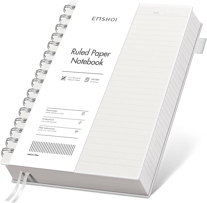 EMSHOI Lined Spiral Journal Notebook, 300 Pages, A5 Size (5.7'' x 8.2'') | College Ruled, 100 GSM Thick Paper, Flexible Plastic Cover, for School, Writing, Work, Office & Journaling (Transparent)