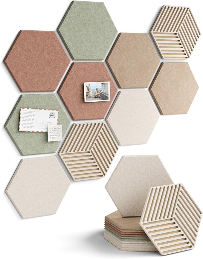 Fluxynara 10-Pack Hexagon Cork Board Alternative, Boho | Felt Bulletin Board with 50 Adhesive Tabs, Ideal for Vision Boards and Wall Decor in Homes, Offices, Classrooms, and Dorms