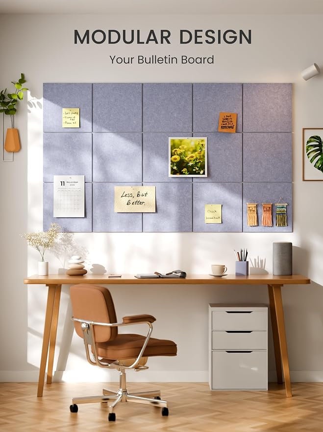 Bumusty 48" x 36" Large Cork Board Alternative, Soft Periwinkle | 12-Pack Felt Bulletin Board Tiles, 60 Adhesive Tabs, 30 Pushpins, Home, Office, Classroom, Vision Board
