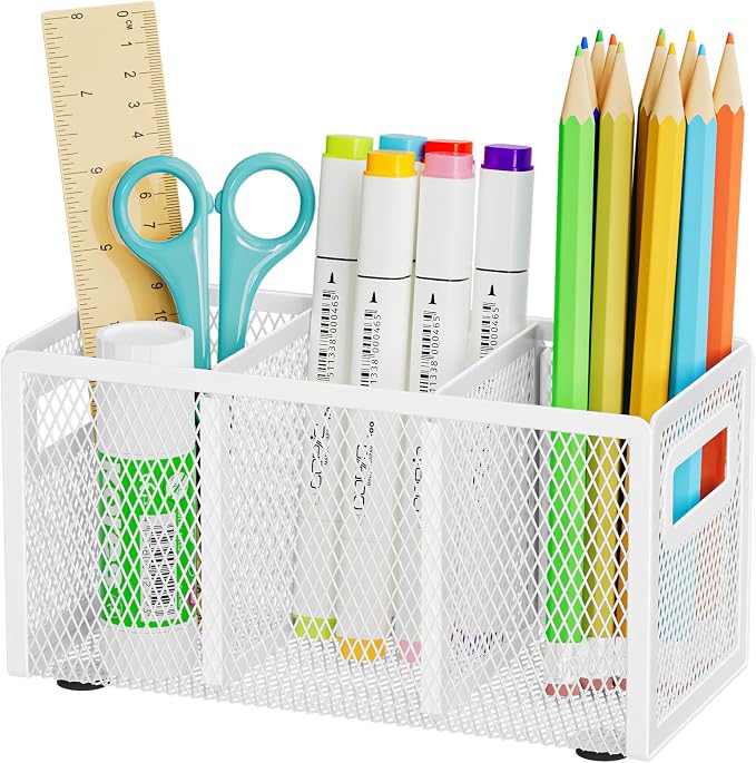 Marbrasse Mesh Pen Holder for Desk, Pencil Holder Desk Organizer 3 Adjustable Compartments, Pencil Cup with Handle Perfect for Classroom, Office, Home, Makeup, Art (White)
