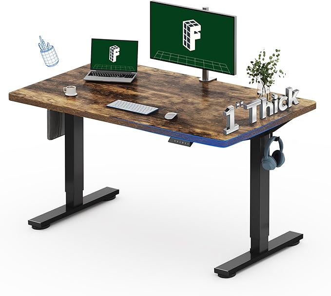 FLEXISPOT One-Piece Electric Standing Desk, 48 x 30 Inches Adjustable Desk with Seamless Desktop, Memory Controller Height Adjustment (Black Frame + Rustic Brown Desktop, 2 Packages)