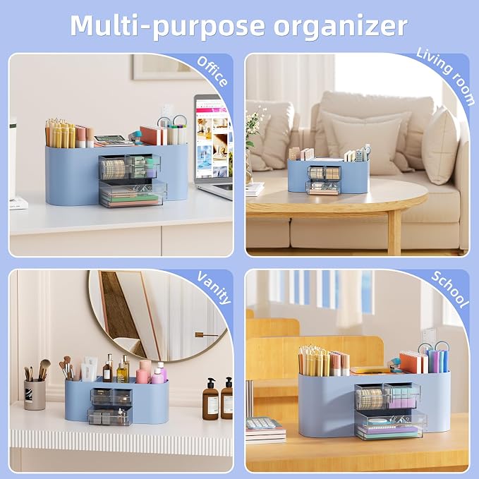 Marbrasse Desk Organizer Pen Holder for Desk with 3 Drawers, Multi-Functional Pencil Holder, Desk Organizers and Accessories with 7 Compartments for Home, School, Classroom(Blue)