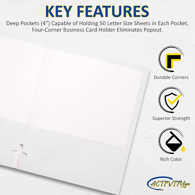 10 Pack Two Pocket Folders, White, Strong Thick Paper Folders, for Letter Size, by ACTIVITYya