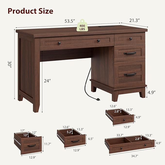 Garvee 53.5" Wooden Home Office Desk with File Drawers, Executive Desk with Power Outlet, Farmhouse Wood Desk with Storage, Distressed Study and Work Table, Rustic Brown