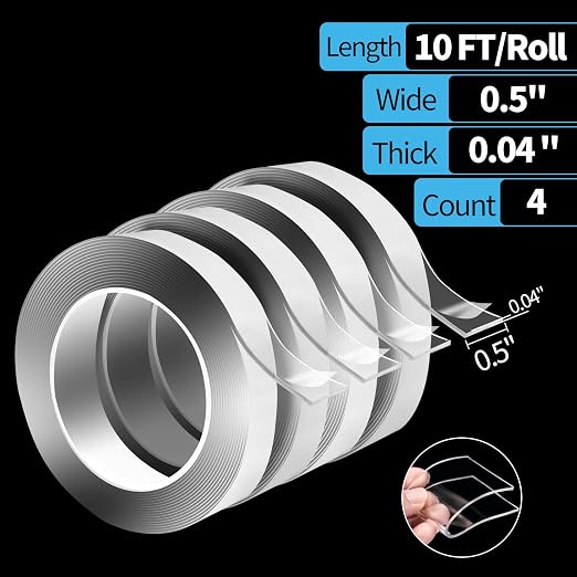 Art3d Traceless Double-Sided Tape, 1/24" x 1/2" x 10', 4 Rolls, Crystal | Strong Adhesion, Removable, Reusable, Waterproof, Residue-Free, Damage-Free, for Home, Office, Suitable for Renters, DIYers