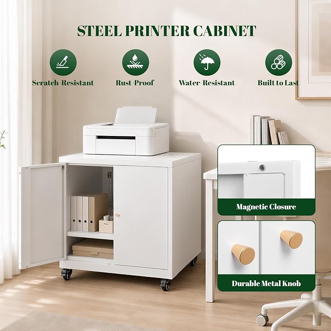 23.6“H Metal Printer Cabinet with Storage & Adjustable Shelf | Large Rolling Printer Stand, Heavy Duty Steel Printer Cart for Home Office, Workspace Organization & Office Supplies, White