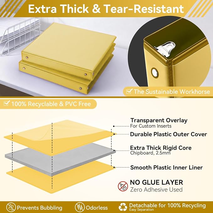 SUIN 1 Inch 3 Ring Binder, Clear 1'' View Presentation Binders with 2 Pockets, Fits 8.5 x 11 Letter Size, Durable Polypropylene, Non-Stick & PVC-Free for School, Office & Home (Yellow)