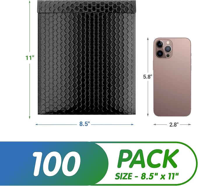 Glamour Metallic Bubble Mailers 9.5 x 13.5 Inches Black, 100 Pack Padded Envelopes for Shipping, Mailing, Packaging Protection