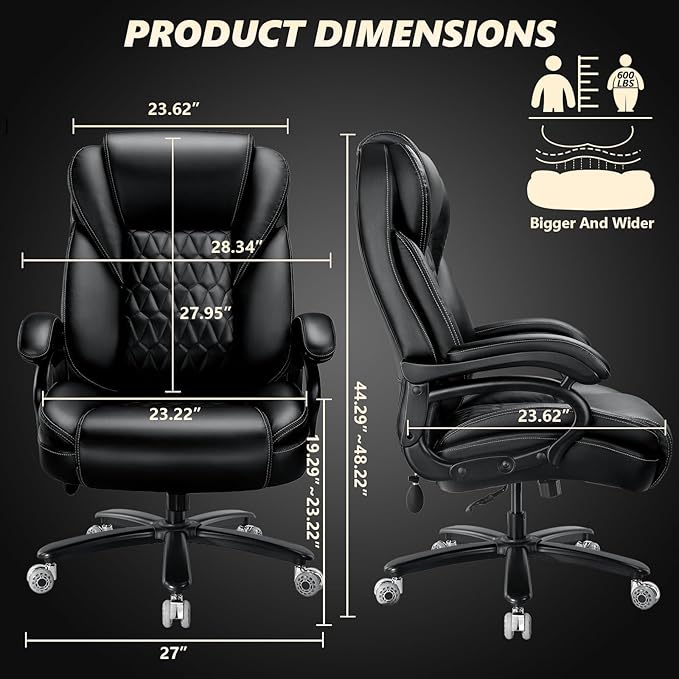 600lbs Big and Tall Office Chair with Pocket Spring Cushion, Heavy Duty Office Chair for Low Back Pain Relief, Large Executive Office Chair with Dual Rubber Wheel