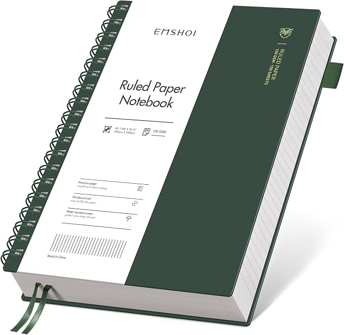 EMSHOI Lined Spiral Journal Notebook, 300 Pages, B5 Size (7.4'' x 10.1'') | College Ruled, 100 GSM Thick Paper, Flexible Plastic Cover, for School, Writing, Work, Office & Journaling (Deep Green)
