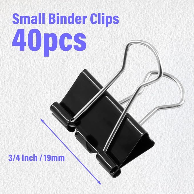 40 Pack 3/4" Black Binder Clips, 10mm Capacity Metal Office Clamps | Metal Paint-Plated, 19mm Wide 10mm Capacity, For Paper Document Photo Album School Office Home