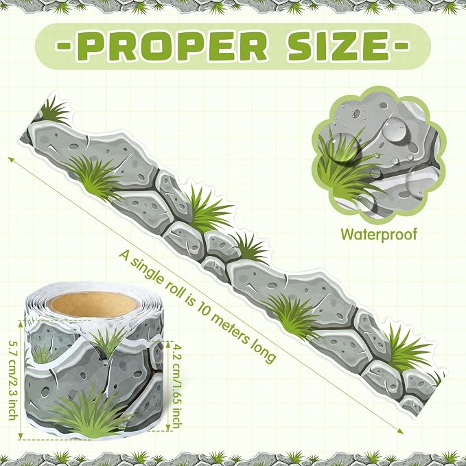 32.8 Ft Stone Bulletin Board Border Faux Rock Scalloped Trim | Rock Pattern with Plant Accents, Scalloped Edge Paper Border Strips, Office Party Fiesta Theme Decorations