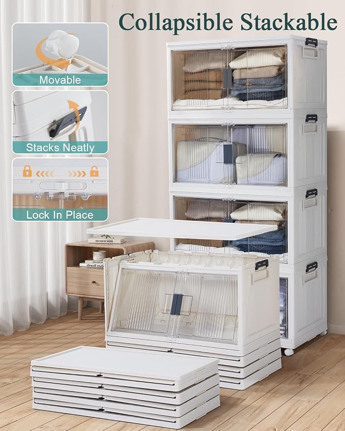 OlarHike 97QT Storage Bins with Lids for Closet, Office, Shelves, 4 Pack | Multi-Lid, Lockable Stackable, Large Capacity, Doors & Wheels, Garage, School, Foldable Containers & Organizers, Warehouse