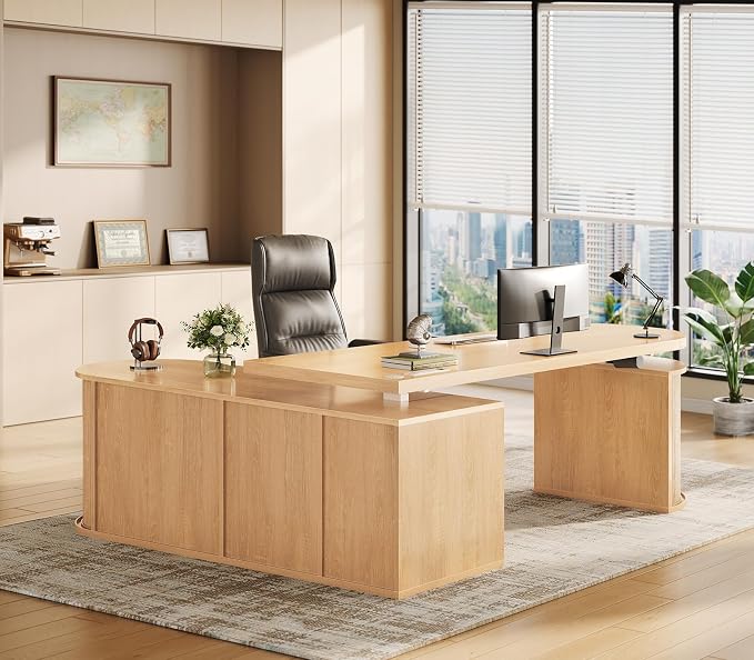 SEDETA 57" L Shaped Standing Desk with Storage, Electric Height Adjustable Curved Executive Desk, Fluted Desk with Drawers & Power Strip for Home Office, Light Oak