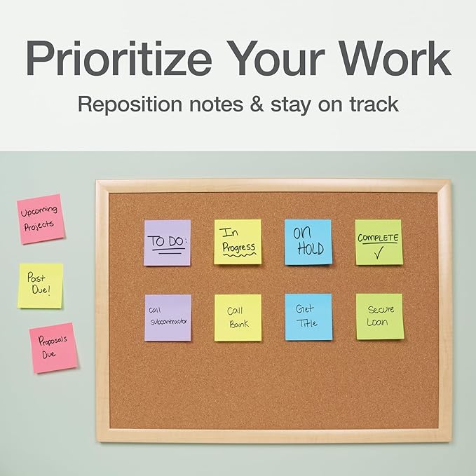 Redi-Tag Sticky Notes, Power Stick Notes, Adhesive Reminders, 3" x 3" Reusable Notes, Strong Adhesive Memos, Assorted Bright Colors, 8 Pack (1000975)