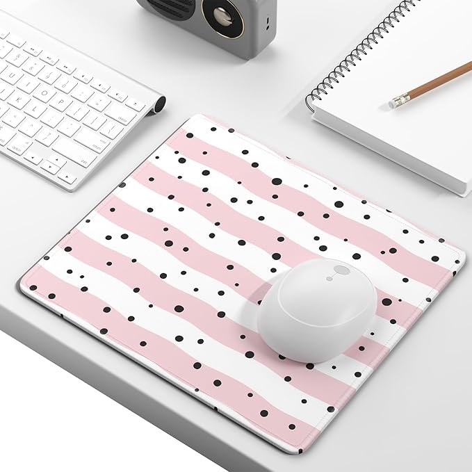 Mouse Pad, Minimalism Marble Style Computer Pad, Anti-Slip Rubber Mouse Mat with Stitched Edges for Gaming, Office, Laptop, PC, Women, 9" x 8" Thick 3 mm, Pink White Polka Dots