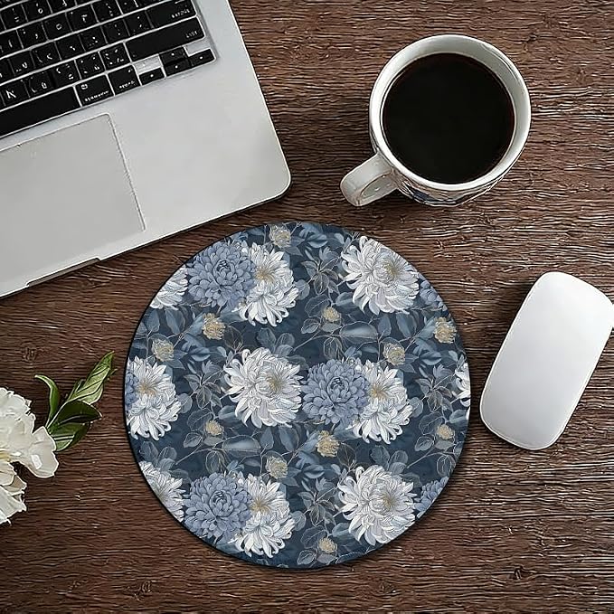 Vintage Blue Floral Round Mouse Pad, Oriental Dusty Blue Chrysanthemum Flower Botanical Mousepad Mat for Home Office Computer Laptop Desk Accessories 7.9x7.9 in