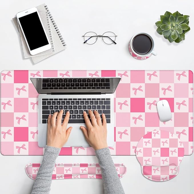 Arttown Keyboard Mouse Pad Set, 4 in 1 Desk Mat Set Kawaii Cute | Pink Checkered Bow Large Mousepad+Keyboard Wrist Rest+Mouse Wrist Rest+Coaster Ergonomic Design for Home Office Computer