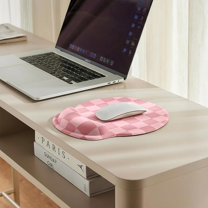 Coral Pink Checkered Mouse Pad with Gel Wrist Rest, Wrist Support, Ergonomic Desk Accessories for Women, Office Laptop Gaming Decor, Cute Aesthetic Check Design