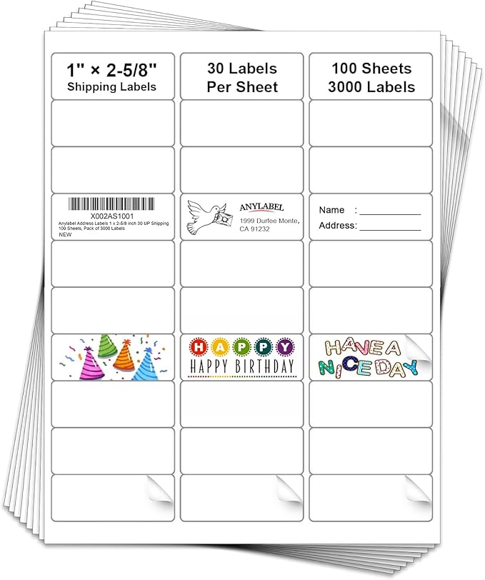 3000 Labels 100 Sheets 1" x 2-5/8" Address Label Sticker for Laser & Inkjet Printer - 30 Per Page Mailing Labels for Packages Adhesive, 30-up Return Address Labels