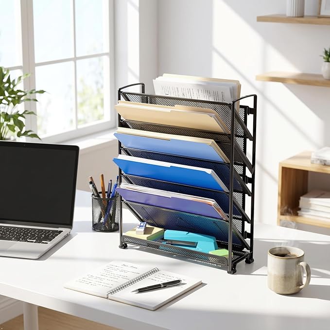 Simple Houseware 6-Tier Wall Mount Document Letter Tray Organizer, Black | 5 Tilted Trays + 1 Flat Bottom Tray, Wall Mount Hardware Included
