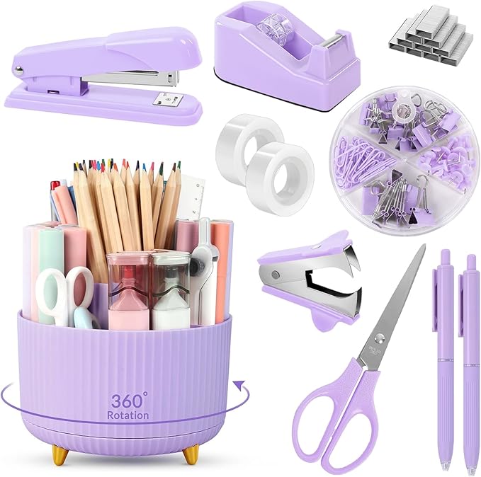 SKYDUE Purple Office Supplies Set with Pencil Holder for Desk,11 PCS | Desk Supplies Sets with Stapler,Tape Dispenser, Scissors, Ruler, Binder/Paper Clips and 1000pcs Staples,Office Decor