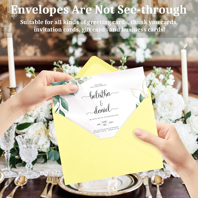 100 Pack A7 Envelopes, Light Yellow Greeting Card Envelopes Self Seal, 5.24 x 7.24 in Envelopes for Birthday Graduation Baby Shower Wedding Invitation Cards