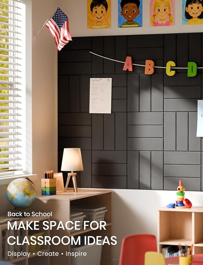 28" x 18" Felt Bulletin Board Tiles, Bold Stripe, Black | 6-Pack Cork Board Alternative, 30 Adhesive Tabs, Push Pin Board, Wall Decor, Office, Home, Classroom, Dorm