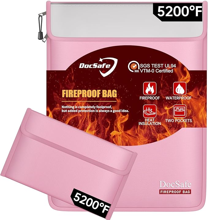 DocSafe Fireproof Document Bag (5200℉) with Fireproof Organizer Travel Case,Heat Insulated Fire＆Water Resistant 8 Layers Safe Money Bag Storage for Important Documents,Cash,Power Bank,Valuables,Pink