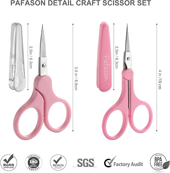 PAFASON Sharp Point Craft Scissor Set 4 PC Straight Curved for Scrapbooking Quilting DIY Sewing Knitting Embroidery Cross Stitch Crochet Thread Yarn Paper Detail Cutting Stainless Steel Safety Case