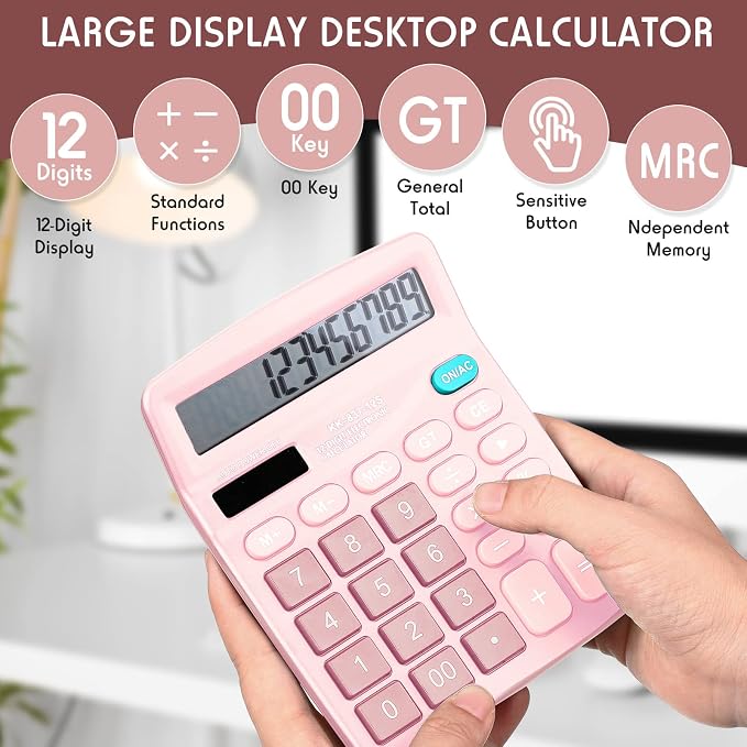 8 Pack Calculator Bulk, 12 Digits Calculators Desktop Solar and Battery Dual Power Large LCD Display and Sensitive Button Handheld for Office, School (Pink)