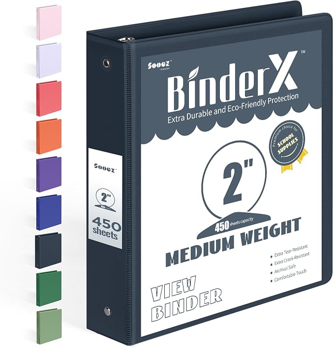 BinderX Extra Durable 3 Ring Binder, Round Rings 2 Inch Binder | Fits 450 Sheets of 8.5x11 Paper, Customizable View Cover with Inside Pockets, Cute 2" Binders, 2 Inch 1 Pack, Dark Blue