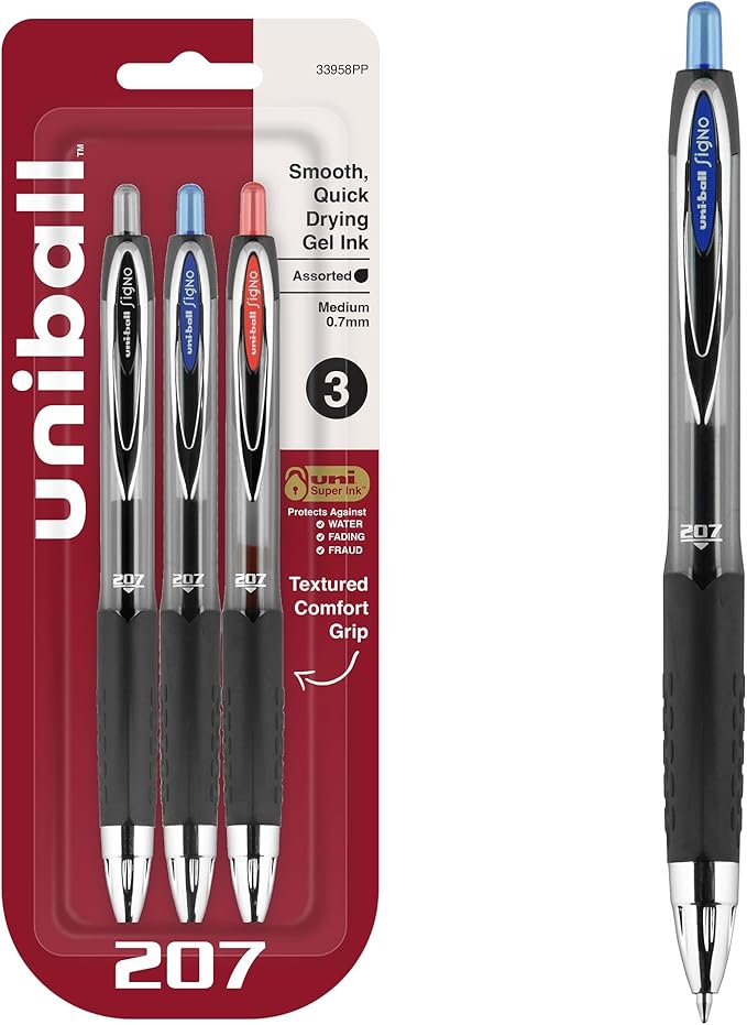 uniball 207 Retractable Gel Pens, Medium Point (0.7mm), Assorted, 3 Pack